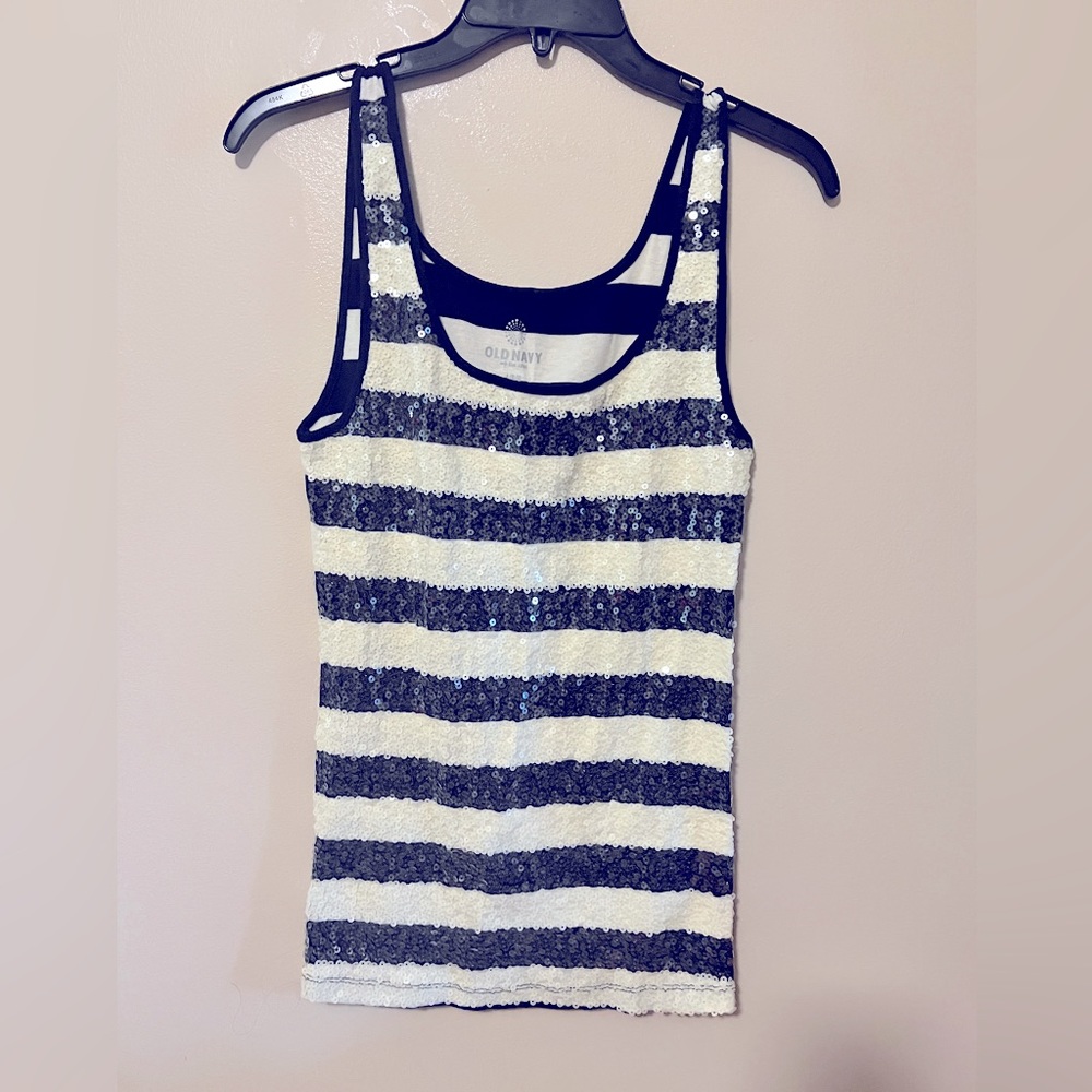 Old Navy tank top with sequins. Stripped white and navy blue. Size L